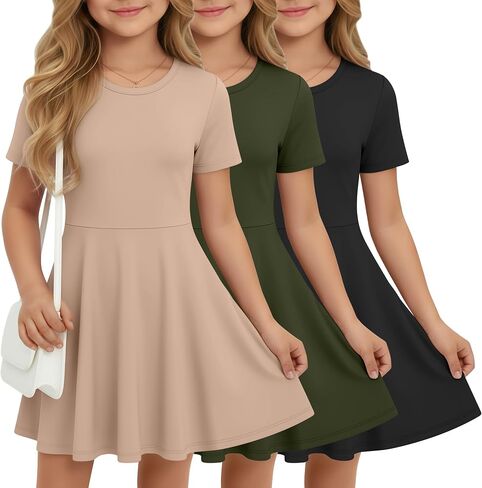 Halfchet 3 Pack Girls Dress Short Sleeve Swing Skater Twirl Crewneck Summer A Line Flared Kids Basic Dresses for 5-14 Years in Saudi Arabia