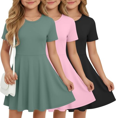 Halfchet 3 Pack Girls Dress Short Sleeve Swing Skater Twirl Crewneck Summer A Line Flared Kids Basic Dresses for 5-14 Years in Saudi Arabia