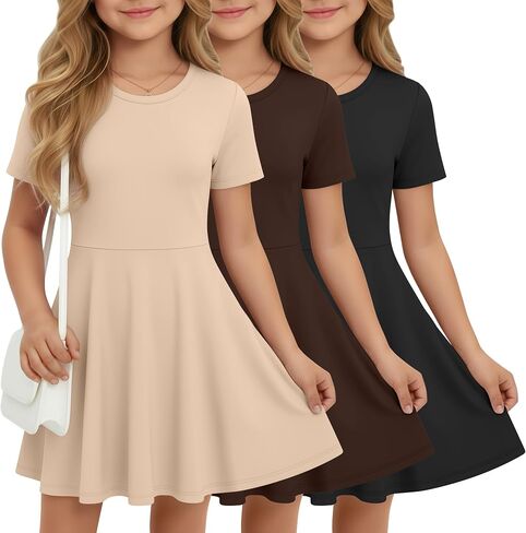 Halfchet 3 Pack Girls Dress Short Sleeve Swing Skater Twirl Crewneck Summer A Line Flared Kids Basic Dresses for 5-14 Years in Saudi Arabia
