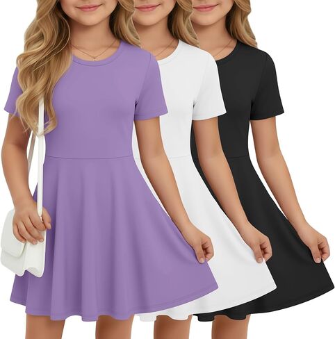 Halfchet 3 Pack Girls Dress Short Sleeve Swing Skater Twirl Crewneck Summer A Line Flared Kids Basic Dresses for 5-14 Years in Saudi Arabia