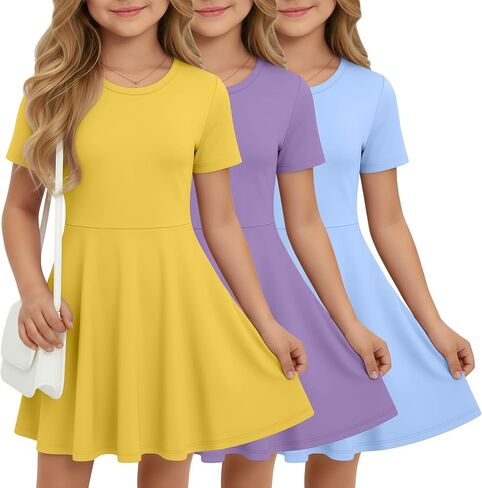 Halfchet 3 Pack Girls Dress Short Sleeve Swing Skater Twirl Crewneck Summer A Line Flared Kids Basic Dresses for 5-14 Years in Saudi Arabia