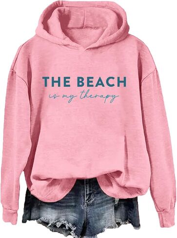 سويت شيرت الشاطئ للسيدات The Beach Is My Therapy سويت شيرت برسومات وأكمام طويلة وقلنسوة in Kuwait