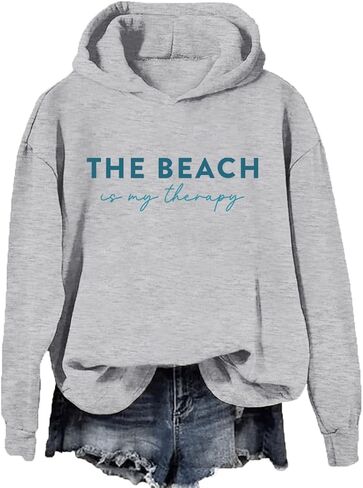 سويت شيرت الشاطئ للسيدات The Beach Is My Therapy سويت شيرت برسومات وأكمام طويلة وقلنسوة in Kuwait