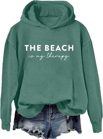 سويت شيرت الشاطئ للسيدات The Beach Is My Therapy سويت شيرت برسومات وأكمام طويلة وقلنسوة in Kuwait