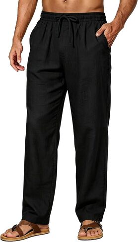 Men's Linen Casual Pant, Elastic Drawstring Waist Straight Leg Trousers with Pockets for Work Travel Outdoor in Kuwait