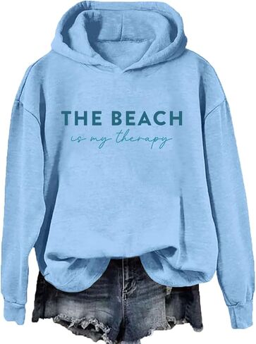 سويت شيرت الشاطئ للسيدات The Beach Is My Therapy سويت شيرت برسومات وأكمام طويلة وقلنسوة in Kuwait