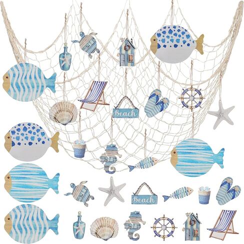 14Pcs Nautical Fish Net Wall Decoration with Turtle Fish Starfish Shell Whale Hangings Decorative Fishing Net for Pirate Party Ocean Themed Party Mediterranean Decor in Saudi Arabia
