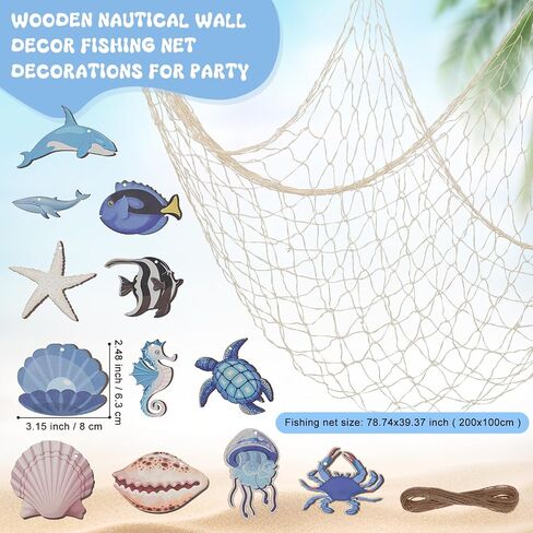 14Pcs Nautical Fish Net Wall Decoration with Turtle Fish Starfish Shell Whale Hangings Decorative Fishing Net for Pirate Party Ocean Themed Party Mediterranean Decor in Saudi Arabia