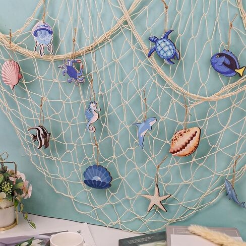 14Pcs Nautical Fish Net Wall Decoration with Turtle Fish Starfish Shell Whale Hangings Decorative Fishing Net for Pirate Party Ocean Themed Party Mediterranean Decor in Saudi Arabia