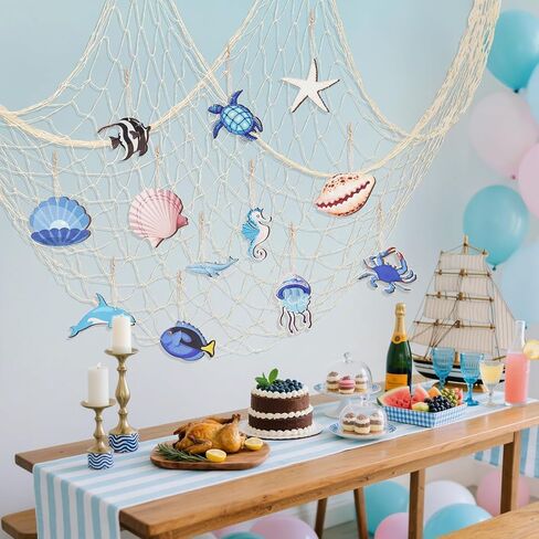 14Pcs Nautical Fish Net Wall Decoration with Turtle Fish Starfish Shell Whale Hangings Decorative Fishing Net for Pirate Party Ocean Themed Party Mediterranean Decor in Saudi Arabia