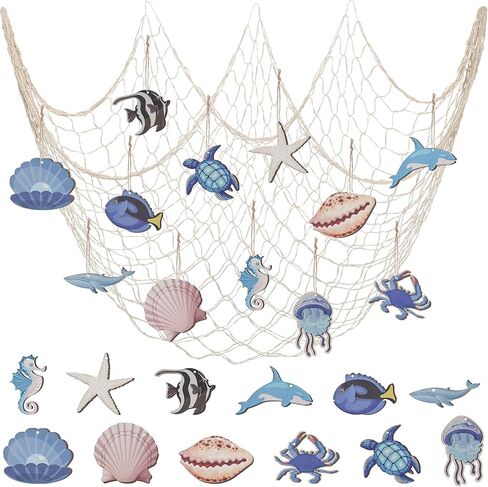 14Pcs Nautical Fish Net Wall Decoration with Turtle Fish Starfish Shell Whale Hangings Decorative Fishing Net for Pirate Party Ocean Themed Party Mediterranean Decor in Saudi Arabia