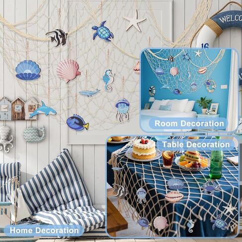 14Pcs Nautical Fish Net Wall Decoration with Turtle Fish Starfish Shell Whale Hangings Decorative Fishing Net for Pirate Party Ocean Themed Party Mediterranean Decor in Saudi Arabia