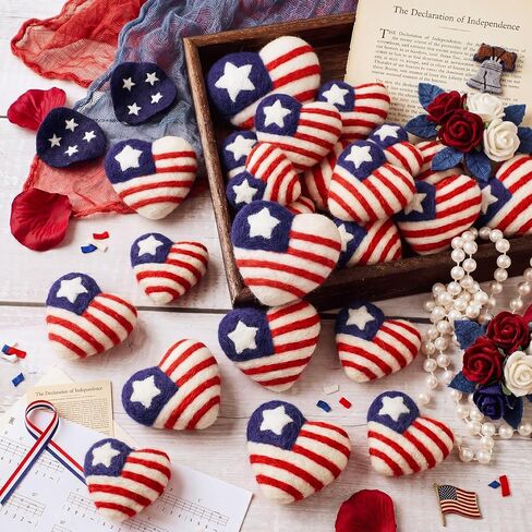 Frienda 16 Pcs 4th of July Wool Heart Ornaments Patriotic American Flag 100% Wool Heart Decorations Red White Blue 250th Anniversary Bowl Filler for Independence Veteran Home Tiered Tray Decor in Kuwait