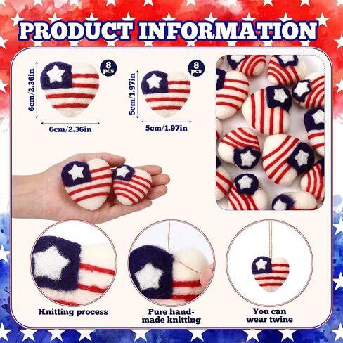 Frienda 16 Pcs 4th of July Wool Heart Ornaments Patriotic American Flag 100% Wool Heart Decorations Red White Blue 250th Anniversary Bowl Filler for Independence Veteran Home Tiered Tray Decor in Kuwait