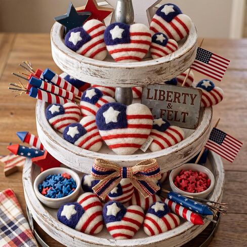 Frienda 16 Pcs 4th of July Wool Heart Ornaments Patriotic American Flag 100% Wool Heart Decorations Red White Blue 250th Anniversary Bowl Filler for Independence Veteran Home Tiered Tray Decor in Kuwait