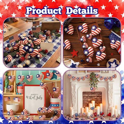 Frienda 16 Pcs 4th of July Wool Heart Ornaments Patriotic American Flag 100% Wool Heart Decorations Red White Blue 250th Anniversary Bowl Filler for Independence Veteran Home Tiered Tray Decor in Kuwait