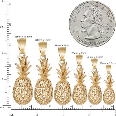 14K Solid Yellow Gold Hawaiian Diamond Cut Pineapple Pendant Charm, Nickle Free Hypoallergenic for Sensitive Skin, Gift Box Included (20mm x 6.5mm, 14K Yellow Gold) in Saudi Arabia