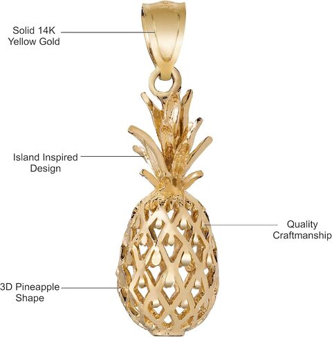 14K Solid Yellow Gold Hawaiian Diamond Cut Pineapple Pendant Charm, Nickle Free Hypoallergenic for Sensitive Skin, Gift Box Included (20mm x 6.5mm, 14K Yellow Gold) in Saudi Arabia