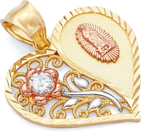 14k REAL Tri Color Gold Heart Charm Pendant with Flower, Guadalupe (Size : 26 x 22 mm) in Kuwait