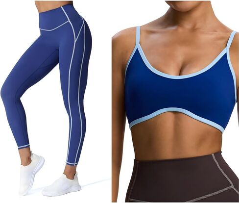 Aoxjox Women's Lexi Lined Leggings 26" & Color Block Lexi Lined Strappy Bra (Bellwether Blue/Airy Blue,Small) in Kuwait