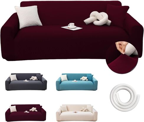 Stretch Couch Cover for 2 Cushion Loveseat Sofa, Fits 57 x 72 Inch, Jacquard Waffle Fabric Slipcover, Washable Pet Friendly Furniture Protector with Elastic Bottom, Wine Red, 2 Seats in Saudi Arabia