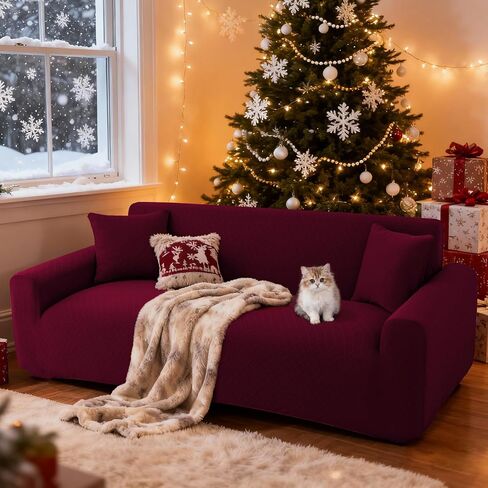 Stretch Couch Cover for 2 Cushion Loveseat Sofa, Fits 57 x 72 Inch, Jacquard Waffle Fabric Slipcover, Washable Pet Friendly Furniture Protector with Elastic Bottom, Wine Red, 2 Seats in Saudi Arabia