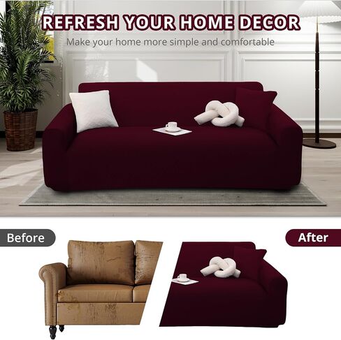 Stretch Couch Cover for 2 Cushion Loveseat Sofa, Fits 57 x 72 Inch, Jacquard Waffle Fabric Slipcover, Washable Pet Friendly Furniture Protector with Elastic Bottom, Wine Red, 2 Seats in Saudi Arabia
