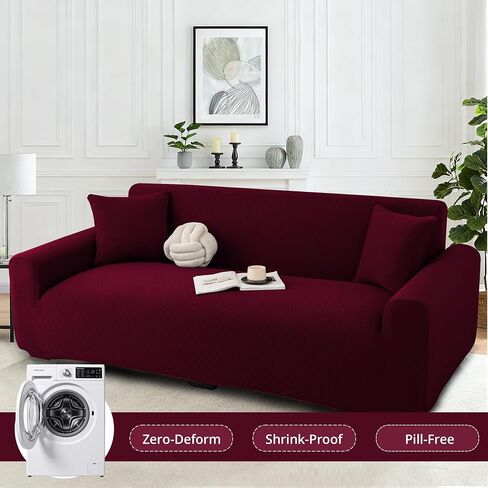 Stretch Couch Cover for 2 Cushion Loveseat Sofa, Fits 57 x 72 Inch, Jacquard Waffle Fabric Slipcover, Washable Pet Friendly Furniture Protector with Elastic Bottom, Wine Red, 2 Seats in Saudi Arabia