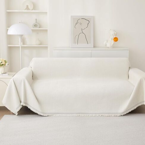 Couch Cover Blankets for Sofa,Thick Waterproof Couch Cover for Cats,Sofa Covers for 3 Cushion Couch Loveseat Sectional Chenille Couch Covers for Sofa Home Decor Living Room,Cream White,91"X134" in Saudi Arabia