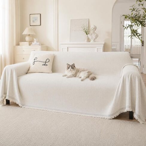 Couch Cover Blankets for Sofa,Thick Waterproof Couch Cover for Cats,Sofa Covers for 3 Cushion Couch Loveseat Sectional Chenille Couch Covers for Sofa Home Decor Living Room,Cream White,91"X134" in Saudi Arabia