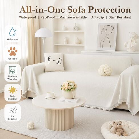 Couch Cover Blankets for Sofa,Thick Waterproof Couch Cover for Cats,Sofa Covers for 3 Cushion Couch Loveseat Sectional Chenille Couch Covers for Sofa Home Decor Living Room,Cream White,91"X134" in Saudi Arabia