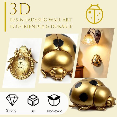 Gold Ladybug Wall Decor - 3D Resin Insect Sculpture, Insect Statue for Home Room Apothecary Decor Themed Home Decoration for Tabletop Living Room Bedroom（Gold in Saudi Arabia