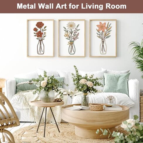 TourKing 3 Pieces Metal Flowers Wall Decor, Rustic Farmhouse Metal Wall Arts Pastoral Flowers Wall Decor for Living Room Bathroom Bedroom Dining Room in Saudi Arabia