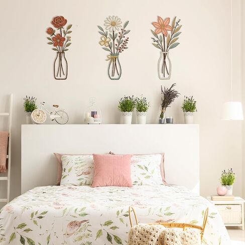 TourKing 3 Pieces Metal Flowers Wall Decor, Rustic Farmhouse Metal Wall Arts Pastoral Flowers Wall Decor for Living Room Bathroom Bedroom Dining Room in Saudi Arabia