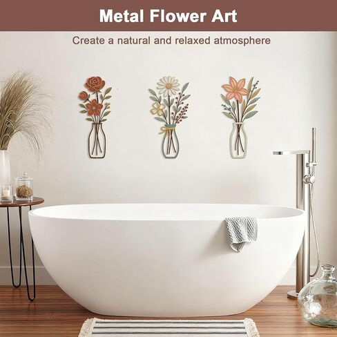 TourKing 3 Pieces Metal Flowers Wall Decor, Rustic Farmhouse Metal Wall Arts Pastoral Flowers Wall Decor for Living Room Bathroom Bedroom Dining Room in Saudi Arabia