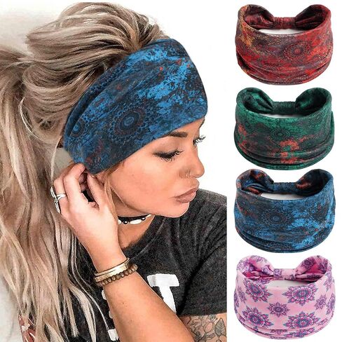 FULZTEY Boho Headbands for Women Fashion Wide Knot Hair Bands Elastic Turban Head Wraps Yoga Running Sweatband Vintage Printed Hair Accessories for Women and Girls 4Pcs in Saudi Arabia