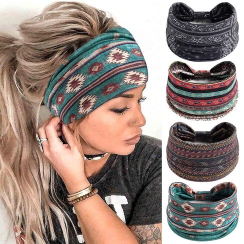 FULZTEY Boho Headbands for Women Fashion Wide Knot Hair Bands Elastic Turban Head Wraps Yoga Running Sweatband Vintage Printed Hair Accessories for Women and Girls 4Pcs in Saudi Arabia