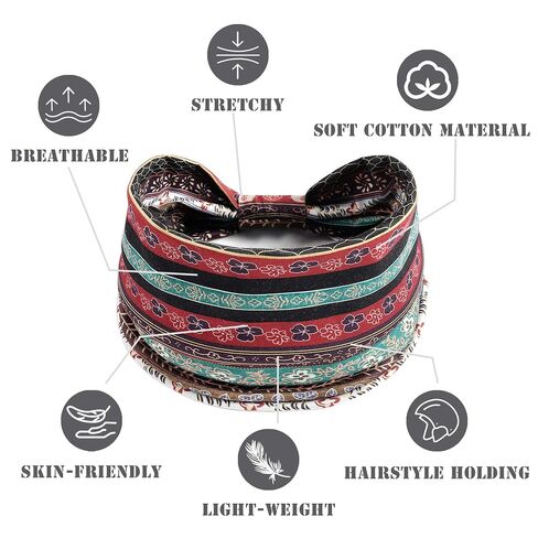 FULZTEY Boho Headbands for Women Fashion Wide Knot Hair Bands Elastic Turban Head Wraps Yoga Running Sweatband Vintage Printed Hair Accessories for Women and Girls 4Pcs in Saudi Arabia