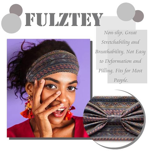 FULZTEY Boho Headbands for Women Fashion Wide Knot Hair Bands Elastic Turban Head Wraps Yoga Running Sweatband Vintage Printed Hair Accessories for Women and Girls 4Pcs in Saudi Arabia