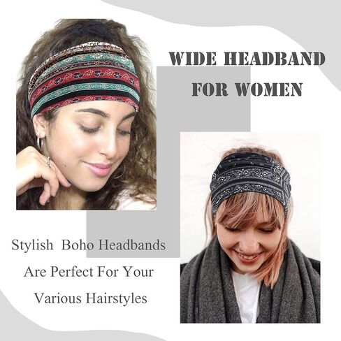 FULZTEY Boho Headbands for Women Fashion Wide Knot Hair Bands Elastic Turban Head Wraps Yoga Running Sweatband Vintage Printed Hair Accessories for Women and Girls 4Pcs in Saudi Arabia
