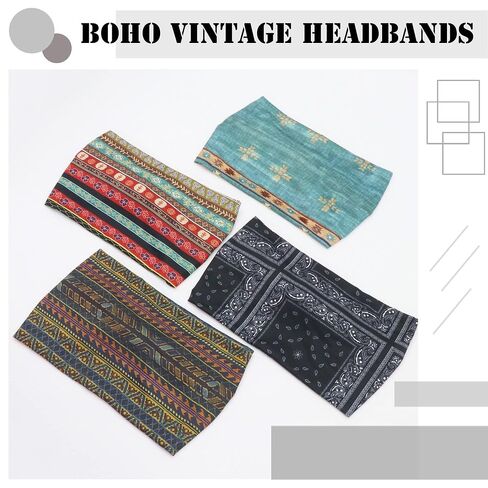 FULZTEY Boho Headbands for Women Fashion Wide Knot Hair Bands Elastic Turban Head Wraps Yoga Running Sweatband Vintage Printed Hair Accessories for Women and Girls 4Pcs in Saudi Arabia