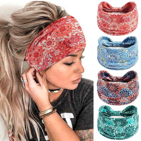 FULZTEY Boho Headbands for Women Fashion Wide Knot Hair Bands Elastic Turban Head Wraps Yoga Running Sweatband Vintage Printed Hair Accessories for Women and Girls 4Pcs in Saudi Arabia