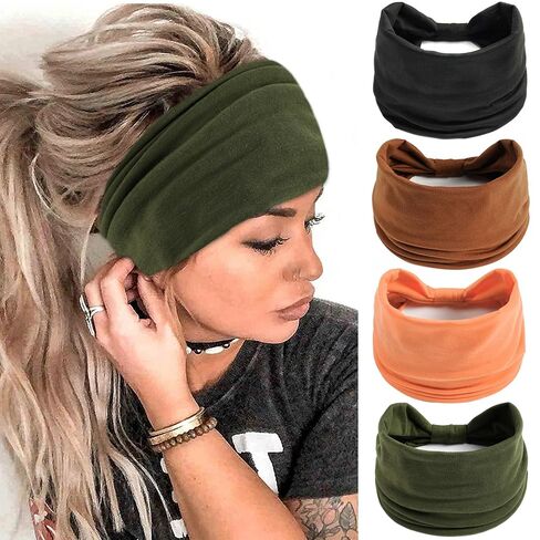 FULZTEY Boho Headbands for Women Fashion Wide Knot Hair Bands Elastic Turban Head Wraps Yoga Running Sweatband Vintage Printed Hair Accessories for Women and Girls 4Pcs in Saudi Arabia