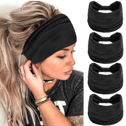 FULZTEY Boho Headbands for Women Fashion Wide Knot Hair Bands Elastic Turban Head Wraps Yoga Running Sweatband Vintage Printed Hair Accessories for Women and Girls 4Pcs in Saudi Arabia