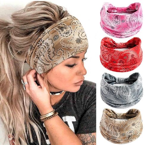 FULZTEY Boho Headbands for Women Fashion Wide Knot Hair Bands Elastic Turban Head Wraps Yoga Running Sweatband Vintage Printed Hair Accessories for Women and Girls 4Pcs in Saudi Arabia