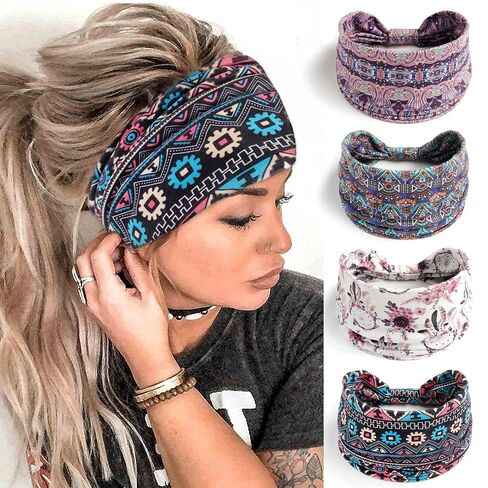 FULZTEY Boho Headbands for Women Fashion Wide Knot Hair Bands Elastic Turban Head Wraps Yoga Running Sweatband Vintage Printed Hair Accessories for Women and Girls 4Pcs in Saudi Arabia