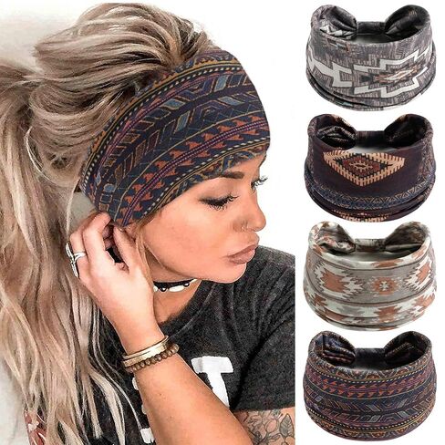 FULZTEY Boho Headbands for Women Fashion Wide Knot Hair Bands Elastic Turban Head Wraps Yoga Running Sweatband Vintage Printed Hair Accessories for Women and Girls 4Pcs in Saudi Arabia