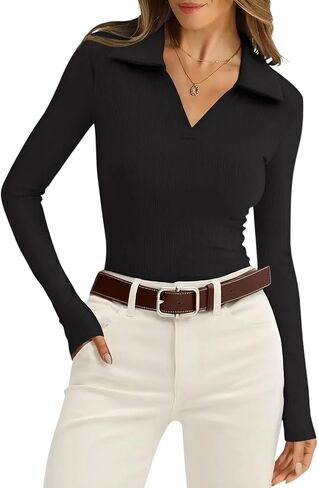 Womens Polo Shirts Long Sleeve Business Casual Tops Collared V Neck Ribbed Knit Sweater Slim Fit Blouses in Saudi Arabia