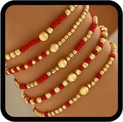 Yalice 5Pcs Boho Beaded Stretch Bracelets Set for Women 14K Gold Charm Stackable Summer Beads Ball Jewelry Gifts in Kuwait