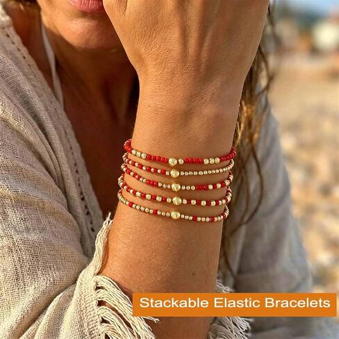 Yalice 5Pcs Boho Beaded Stretch Bracelets Set for Women 14K Gold Charm Stackable Summer Beads Ball Jewelry Gifts in Kuwait